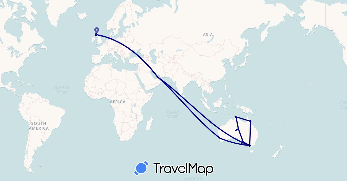 TravelMap itinerary: driving in United Arab Emirates, Australia, United Kingdom (Asia, Europe, Oceania)